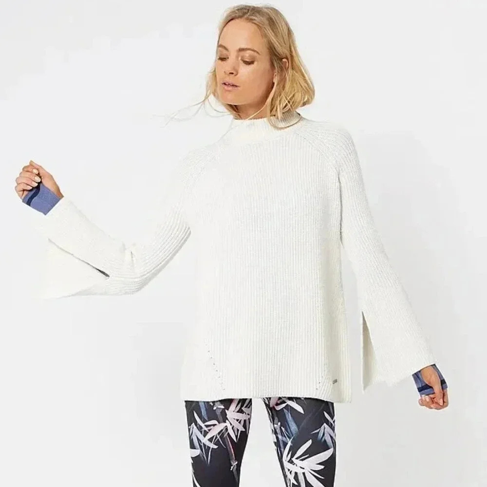 Sweaty Betty Rye Cotton Wool Blend Knit Sweater Ribbed Bell Sleeve White Small